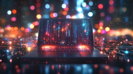 Laptop displaying digital data stream against blurred city lights.