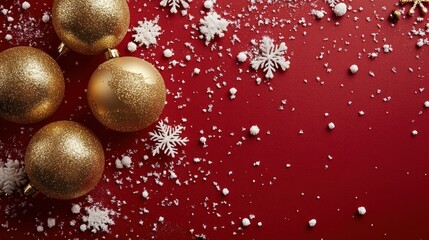 Wall Mural - Christmas season banner with a red background, scattered white snowflakes, and shimmering gold baubles.