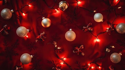 Wall Mural - Festive flat lay design with shimmering Christmas baubles, fairy lights, and gift bows on a classic red background.