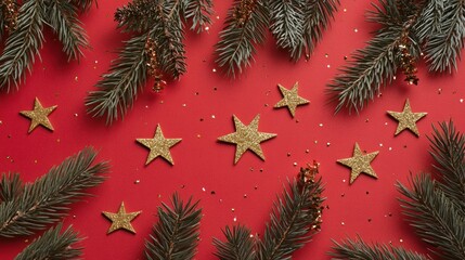 Wall Mural - Flat lay Christmas holiday banner featuring golden stars, fir branches, and sparkling decorations on a red background.