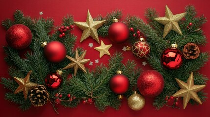 Wall Mural - Flat lay Christmas ornaments with a red background, featuring pine branches, red baubles, and golden stars.