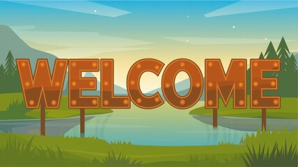 Canvas Print - Welcome Sign by a Serene Lakeside Landscape