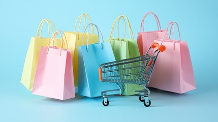 Paper Shopping Bags and Cart on a Blue Backdrop