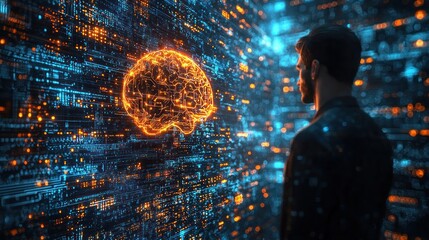 man views glowing brain interface.