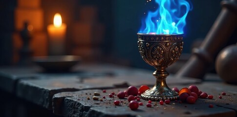 goblet aglow with vibrant blue flames, surrounded by ancient relics , mystic, glowing