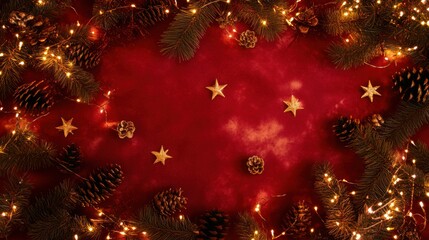 Wall Mural - Vibrant red flat lay with scattered Christmas decorations: twinkling fairy lights, pinecones, and golden stars.