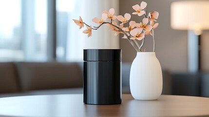 Canvas Print - Black cylinder container and peach orchid in white vase on wooden table.