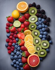 Canvas Print - Rainbow of fresh fruits & berries arranged artfully on a gray background.