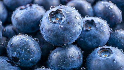 Wall Mural - Close-up of juicy blueberries glistening with water droplets.