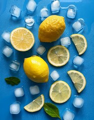 Wall Mural - Refreshing lemons and ice cubes on a blue background.