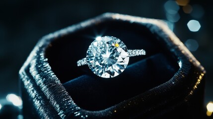 Poster - A close-up of a stunning diamond ring in a sleek velvet box, the brilliant-cut diamond sparkling under soft lighting, symbolizing elegance and luxury.