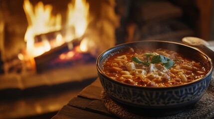 Sticker - A cozy winter scene with a bowl of minestrone soup served next to a warm fireplace, creating a comforting and inviting atmosphere for enjoying hearty meals.