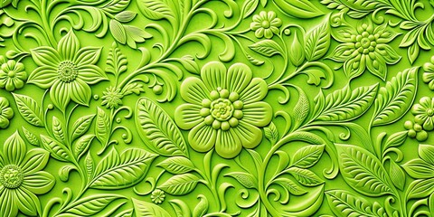 Wall Mural - Embossed Green Floral Pattern:  Sharp, Bright, Detailed Botanical Design