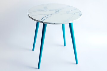 Stylish marble side table with electric blue legs, isolated on a clean white background, detailed high-resolution photo