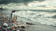 © EUT - Lonely penguin stands on beach strewn with plastic waste. Image depicts ocean pollution's impact on wildlife, ideal for environmental campaigns.