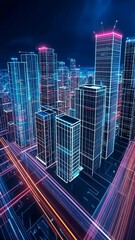 Wall Mural - vibrant city skyline illuminated by neon lights during nighttime with futuristic design elements