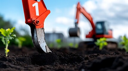 Close-up of excavator's claw near young plants; number one visible; blurred background shows more machinery and plants.