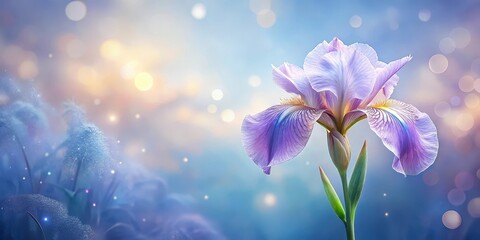 Wall Mural - A delicate iris flower blooms against a soft blue misty morning background with gentle hues of lavender and powder pink, colors