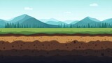 cross section soil layers, mountains, field - educational graphics