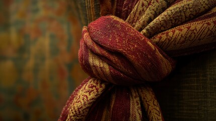 Wall Mural - A close-up of a headscarf tied in an elegant knot with intricate patterns, highlighted against a neutral background.