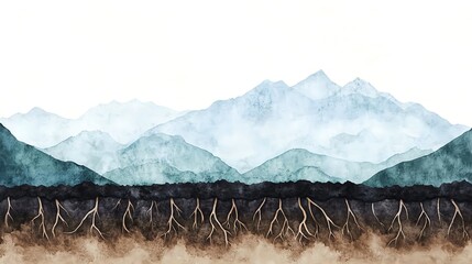 Poster - watercolor mountains & roots landscape - minimalist art