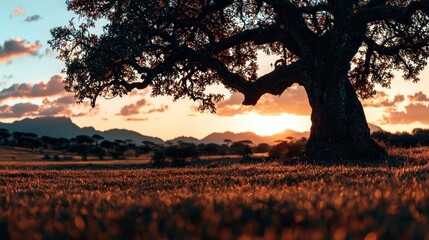 Wall Mural - African Savanna Sunset  Majestic Tree Silhouette Landscape Photography