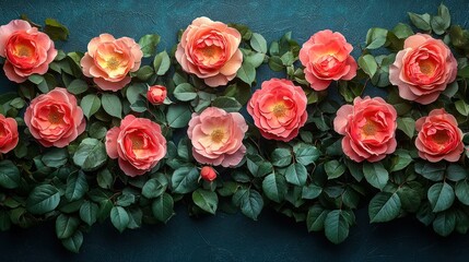 Wall Mural - Pink roses with leaves on blue.