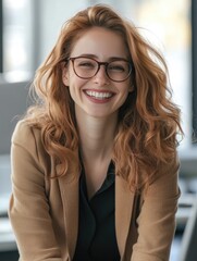 Poster - Woman with Red Hair and Glasses Smiling