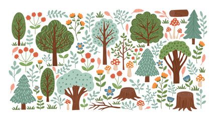 collection of spring summer forest elements. trees, bushes, stumps, flowers and mushrooms. botanical