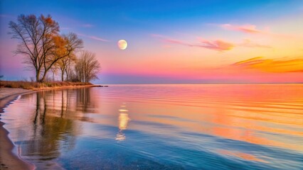 Wall Mural - Serene lakefront scene at dusk with Moonrise over Lake Michigan, soft pink and orange hues casting a warm glow on the water's surface , evening, landscape