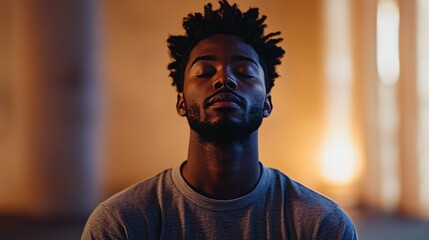 Aufkleber - A diverse man practices mindfulness meditation in a serene studio, illuminated by soft lighting that enhances his focused expression and evokes tranquility.