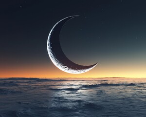 Canvas Print - Crescent moon over a calm ocean at sunset.