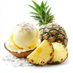 Wall Mural - Pineapple ice cream with coconut flakes and juicy