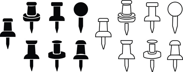 Wall Mural - push pin icons set in flat and outline styles. thumbtack for note attach. paperclip symbols. a needl