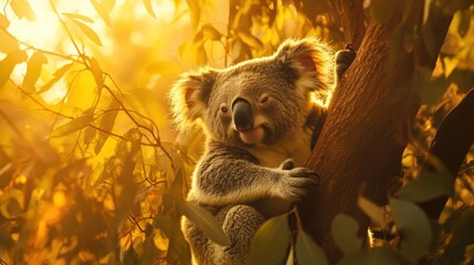Wall Mural - koala bear portrait perched on a tree branch with golden sunlight illuminating the scene