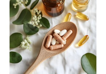 Wall Mural - wooden spoon with natural pills and capsules on a white background