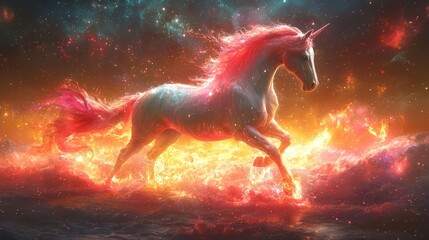 Wall Mural - Running unicorn in fire and space.