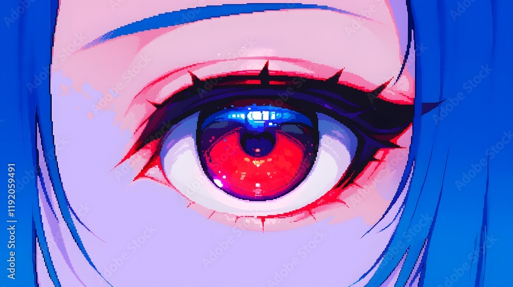 Pixel art of a blue eye with red veins, rendered in a vibrant design ...