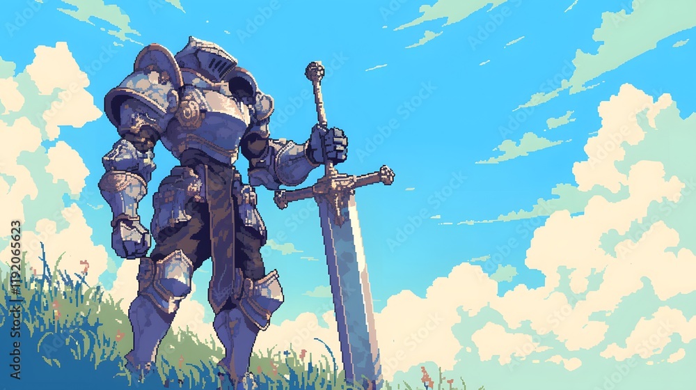 Pixel art of a knight in shining armor wielding a sword, designed for ...