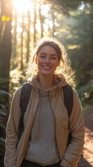 Wall Mural - Woman smiling as she walks through a forest trail, sunlight filtering through the trees and creating a joyful atmosphere.