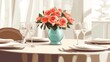 © Chaikit - intimate table setting with mint vase holding coral roses, cream circular tablecloth with gentle folds, navy blue pedestal base, white porcelain plates, elegant wine glasses, soft beige and blue