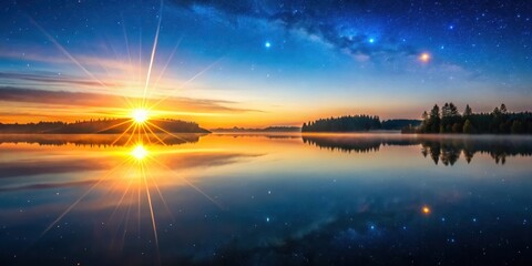 Wall Mural - Sunrise and stars reflecting on calm lake surface, sunrise, stars, reflecting, calm, lake, surface, water, peaceful, nature, tranquil