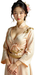 Woman wearing chinese traditional dress with a golden snake wrapped her body on transparent background