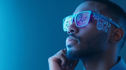 Aufkleber - Futuristic Tech Aesthetic Silhouette of Thoughtful Young Man with Digital Overlays on Blue - Innovation and AI Content for Tech Branding and Digital Marketing Strategies