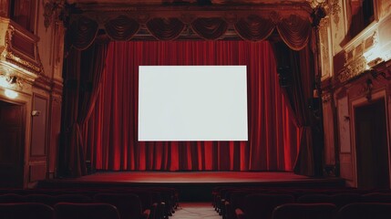 Wall Mural - Minimalist theater stage with a white screen framed by red curtains.