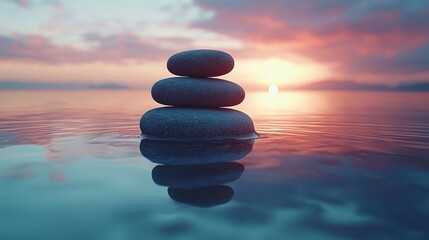 Sticker - Stacked stones in water, sunset.