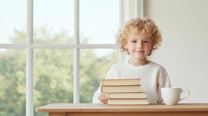 Poster - Sunny Homeschool Experience Bright Wooden Workspace with Engaged Young Learner at Large Window – Modern Educational Content and Family Learning Aesthetics