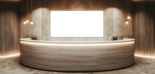 Wall Mural - Front-facing light grey reception desk with white display in ambiently lit modern area.