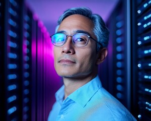 Aufkleber - Futuristic Cybersecurity Confident Middle-Aged South Asian IT Professional in Server Room with Holographic Firewall Overlay - High-Tech Corporate Network Protection