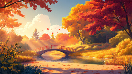 Wall Mural - A bridge spans a river in a forest with autumn leaves on the trees